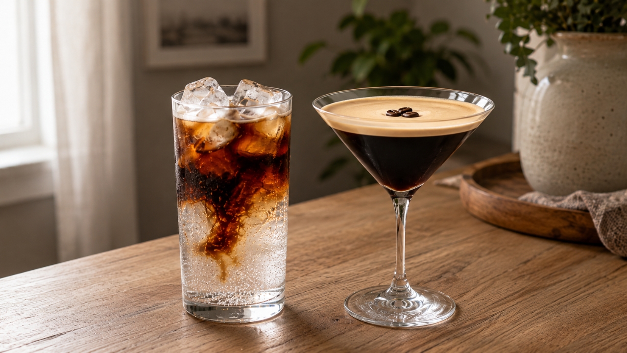 Espresso tonic and espresso martini sit on a wooden table in a bright home interior