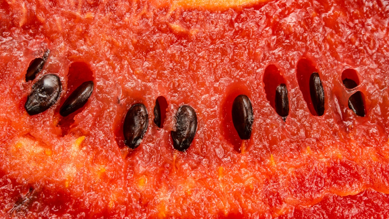 Black watermelon seeds sit inside ripe red flesh.