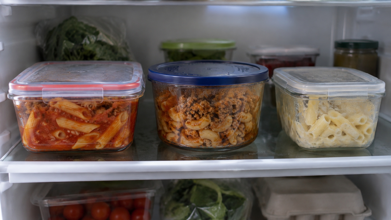 Three containers of cooked pasta with different sauces stored in the refrigerator.
