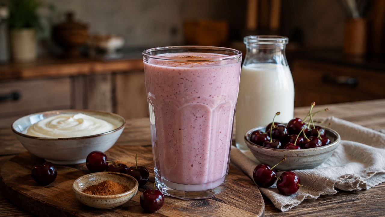 Kefir shake sa višnjama i grčkim jogurtom na drvenom kuhinjskom stolu