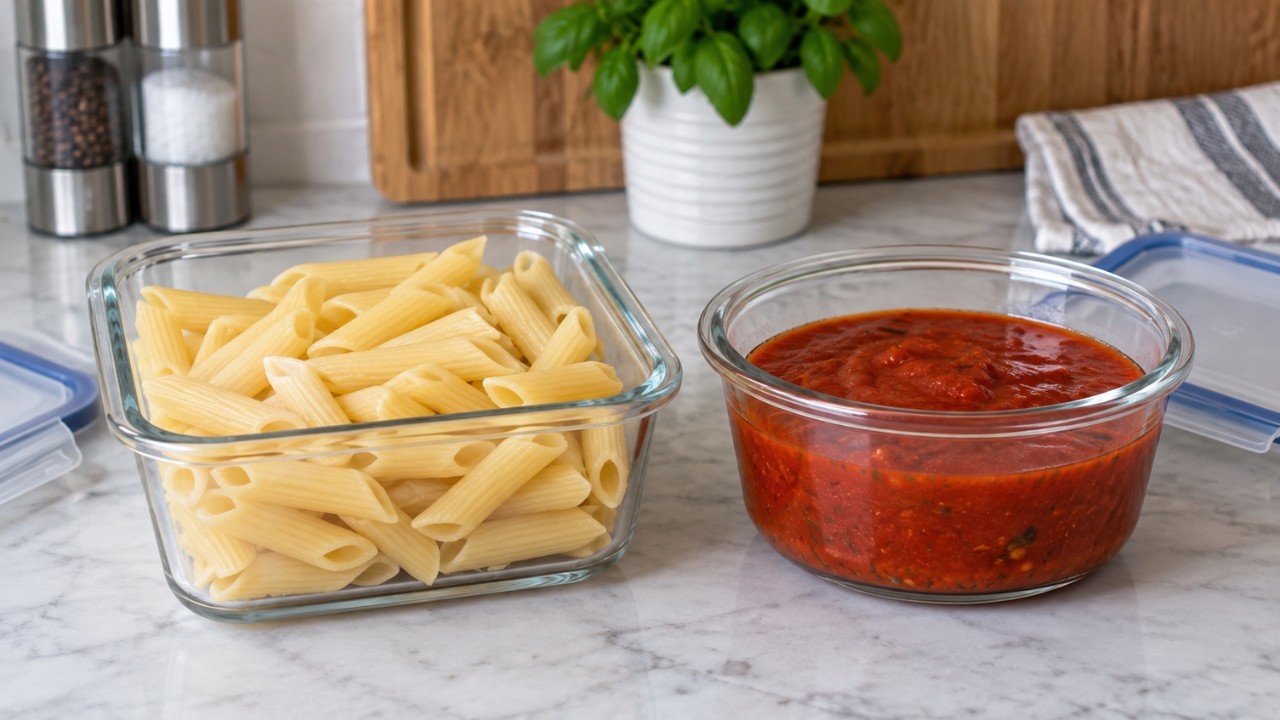 Cooked penne and tomato sauce stored in separate glass containers