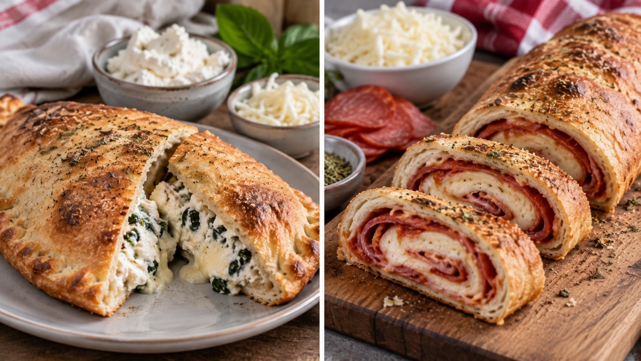 Calzone with ricotta and stromboli with mozzarella shown side by side.