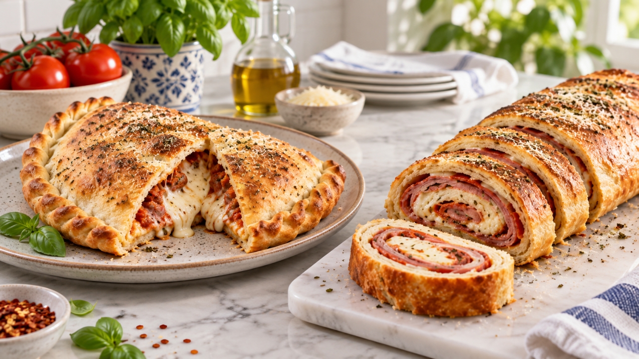 Calzone and sliced stromboli served side by side on a marble counter.