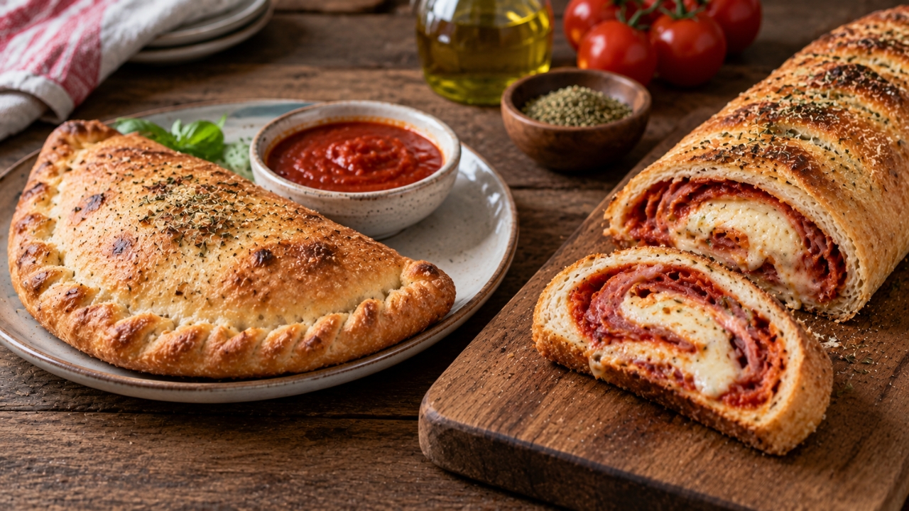 Calzone with marinara on the side beside sliced stromboli with sauce inside.