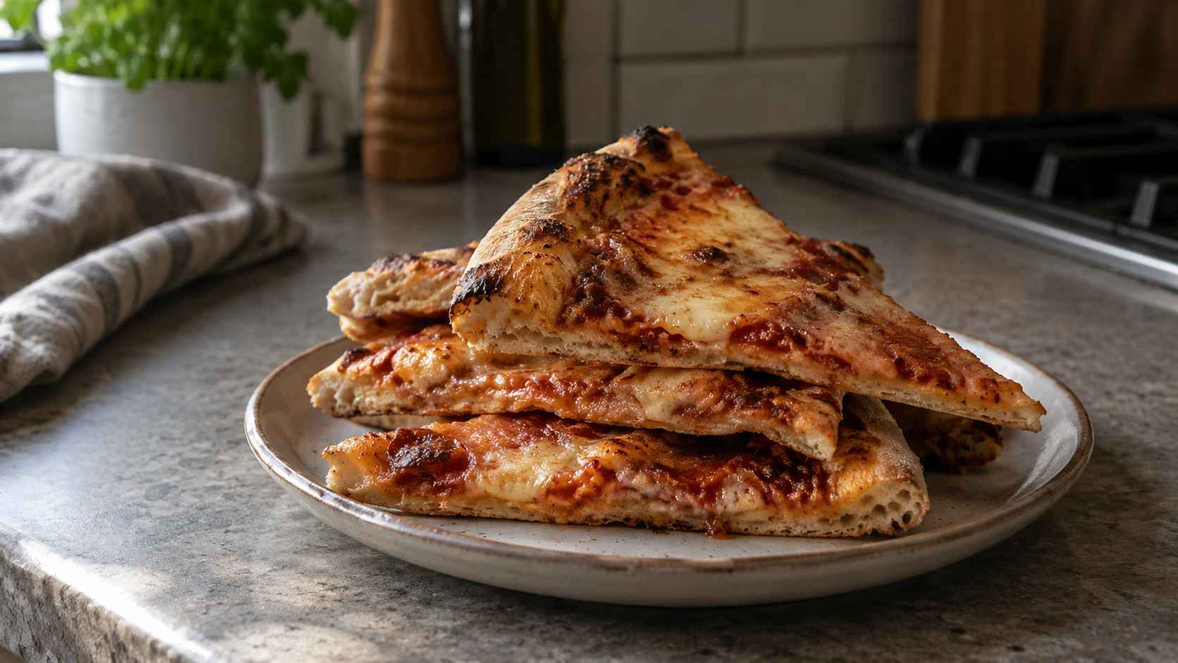 Close-up of leftover cheese pizza slices stacked on top of one another on a ceramic plate in a kitchen.