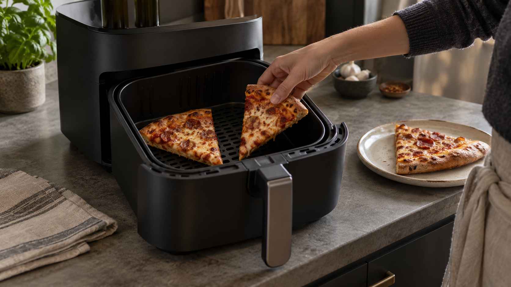 Person placing a pizza slice into an open air fryer basket, with another slice inside and extra pizza on a plate.