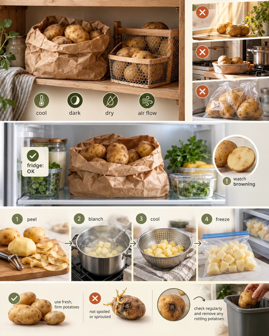 Infographic showing proper potato storage in a pantry or fridge and four steps for freezing potatoes.