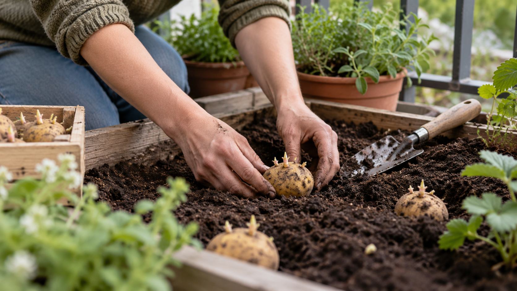 Gardener planting sprouted potatoes in a raised garden bed filled with soil.
