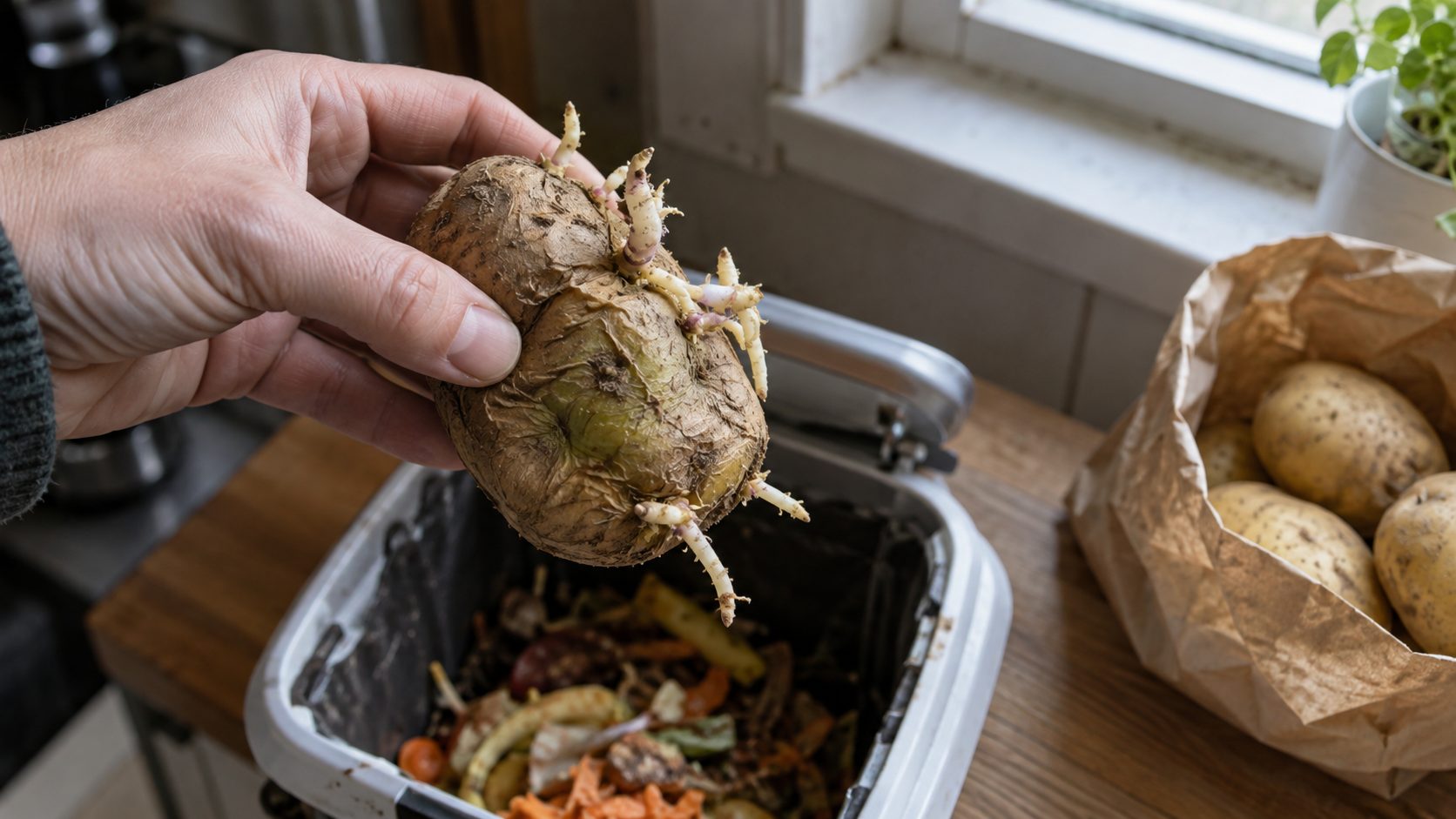 Hand holding a wrinkled, green potato with long sprouts over a kitchen compost bin.